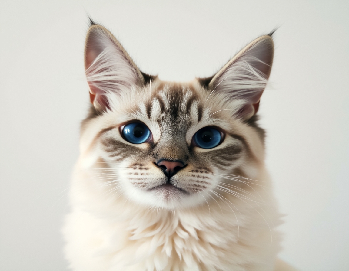Close-up portrait of cat on a white background, with its alert expression and intricate details of its fur and whiskers in sharp focus.